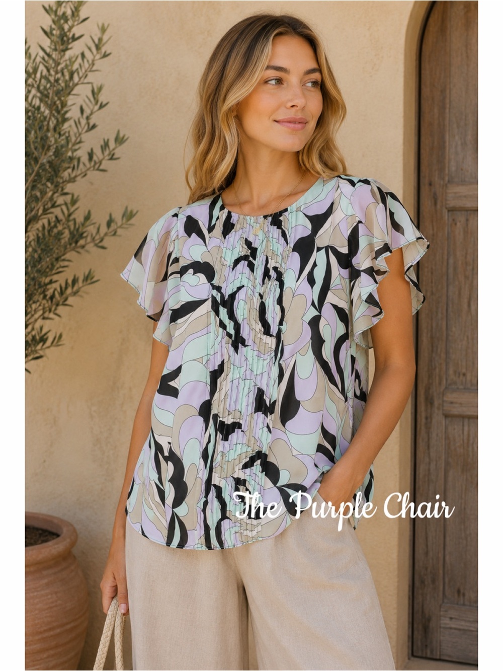 CALVIN KLEIN NWT Printed Pintuck Pleated Flutter Sleeve Blouse M